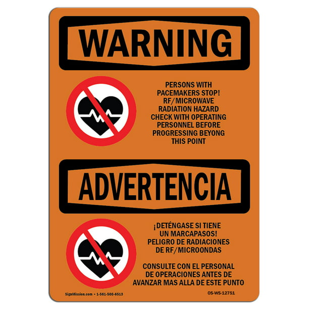 DANGER MICROWAVE IN USE PACEMAKER WARNING BILINGUAL ADHESIVE DECAL 8"X3"